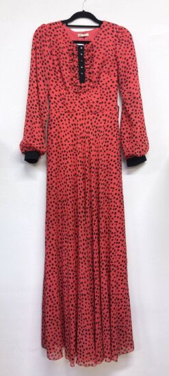 Dayen Collection långklänning. Storlek 38. Hallonrosa med svarta prickar. Troligtvis 70-tal