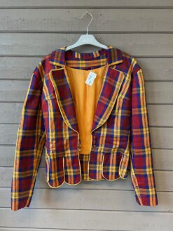 Vintage kavaj röd blå gul rutig m. söta knappar. Storlek S